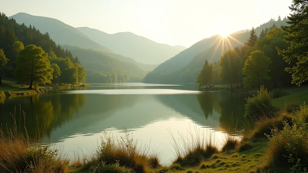 Scenic Czech nature landscape with calm lake and surrounding forests