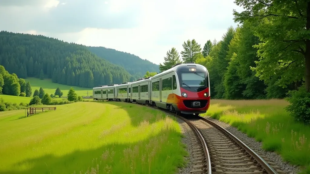 Czech regional train traveling through green countryside with forests and mountains visible, comfortable seating inside modern train