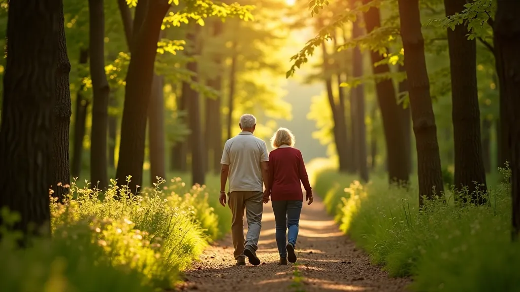 Retirees enjoying a peaceful walk through Czech forest