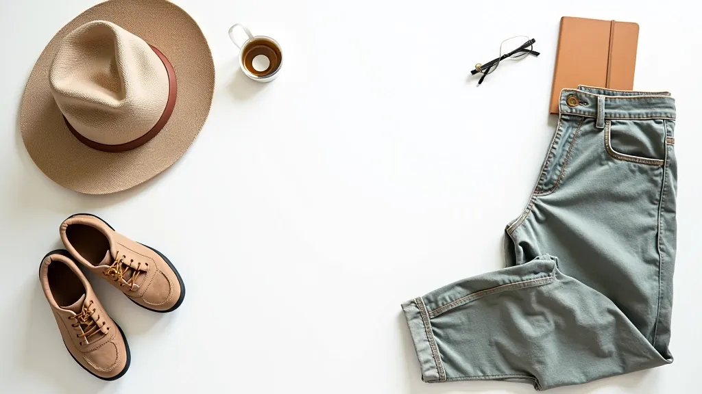 Organized packing layout showing comfortable outdoor clothing, practical hiking shoes, sun protection items, and nature-themed accessories on white background