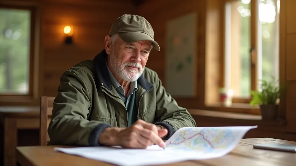 Petr Novotný working in outdoor research setting, reviewing maps and field notes at a wooden table in a nature lodge