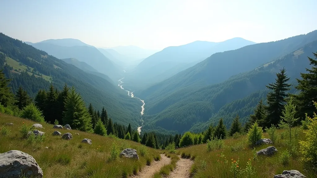 Mountain landscape view from hiking trail with forest valleys and distant hills