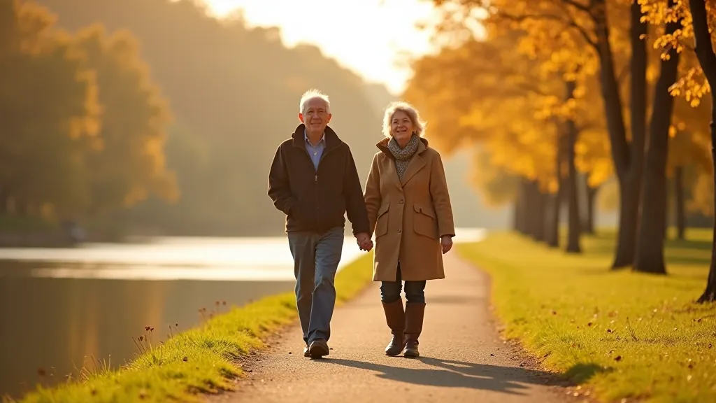 Senior couple walking on flat riverside path with river on one side, autumn trees and golden light