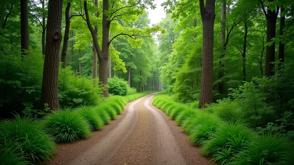 Gentle forest path with beech trees and natural lighting creating dappled shadows on the trail