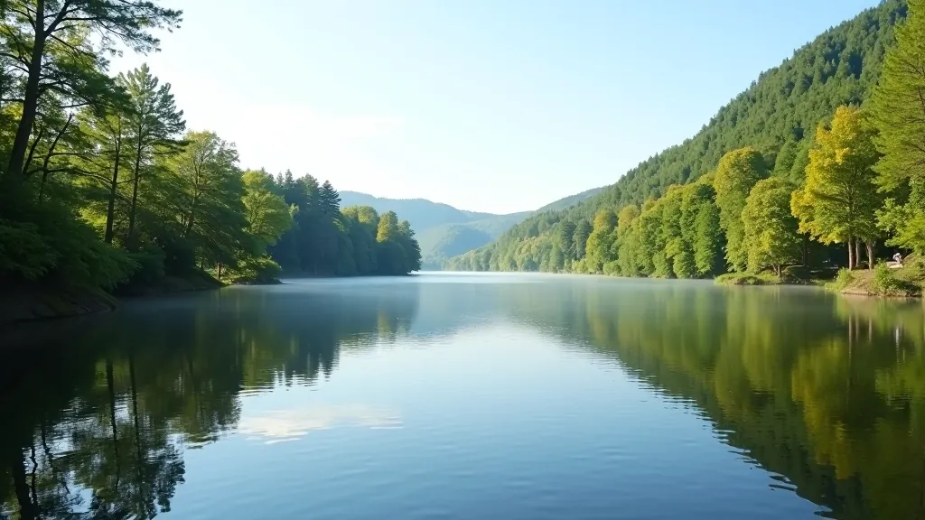 Peaceful lakeside location with water reflecting trees and clear sky