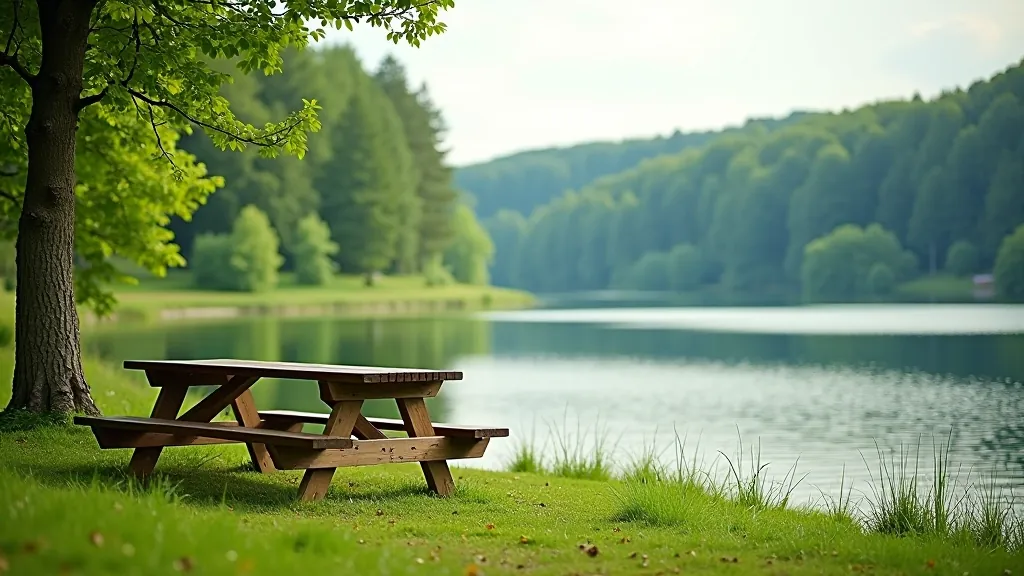 Scenic lakeside setting with picnic table and forest backdrop