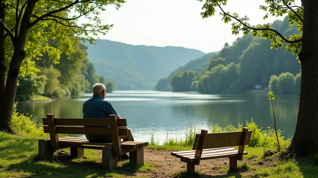 Scenic riverside viewpoint with benches, river flowing below, forested hillsides in background, clear daytime weather