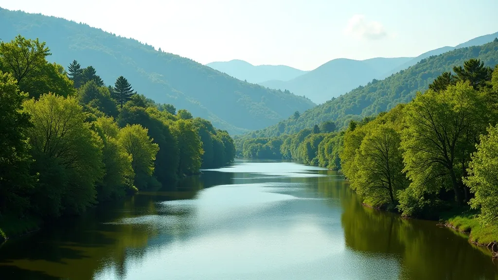 Scenic Vltava river valley landscape with tree-lined banks and rolling hills, peaceful daytime view