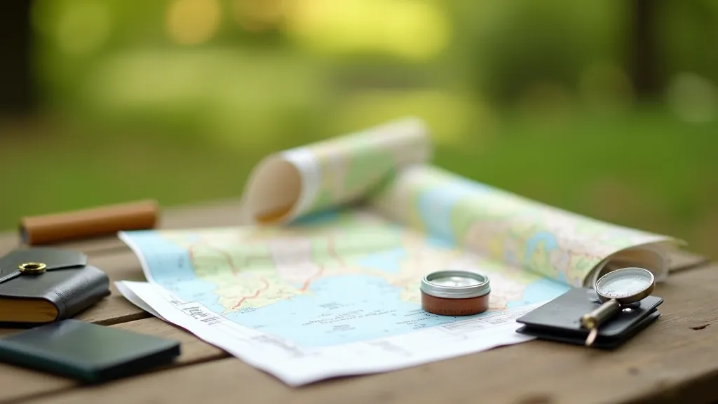 Travel planning materials with map, compass, and notebook on outdoor table