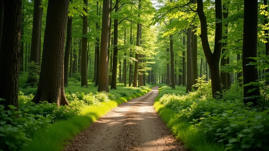 Šumava forest walking trail with beech trees and hiking path through woodland